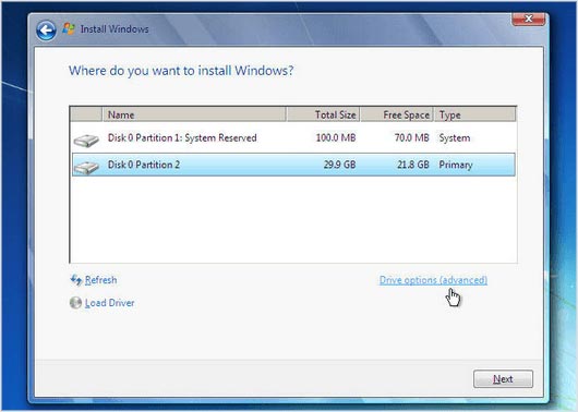 اختيار مكان تسطيب windows 7 للكمبيوتر
